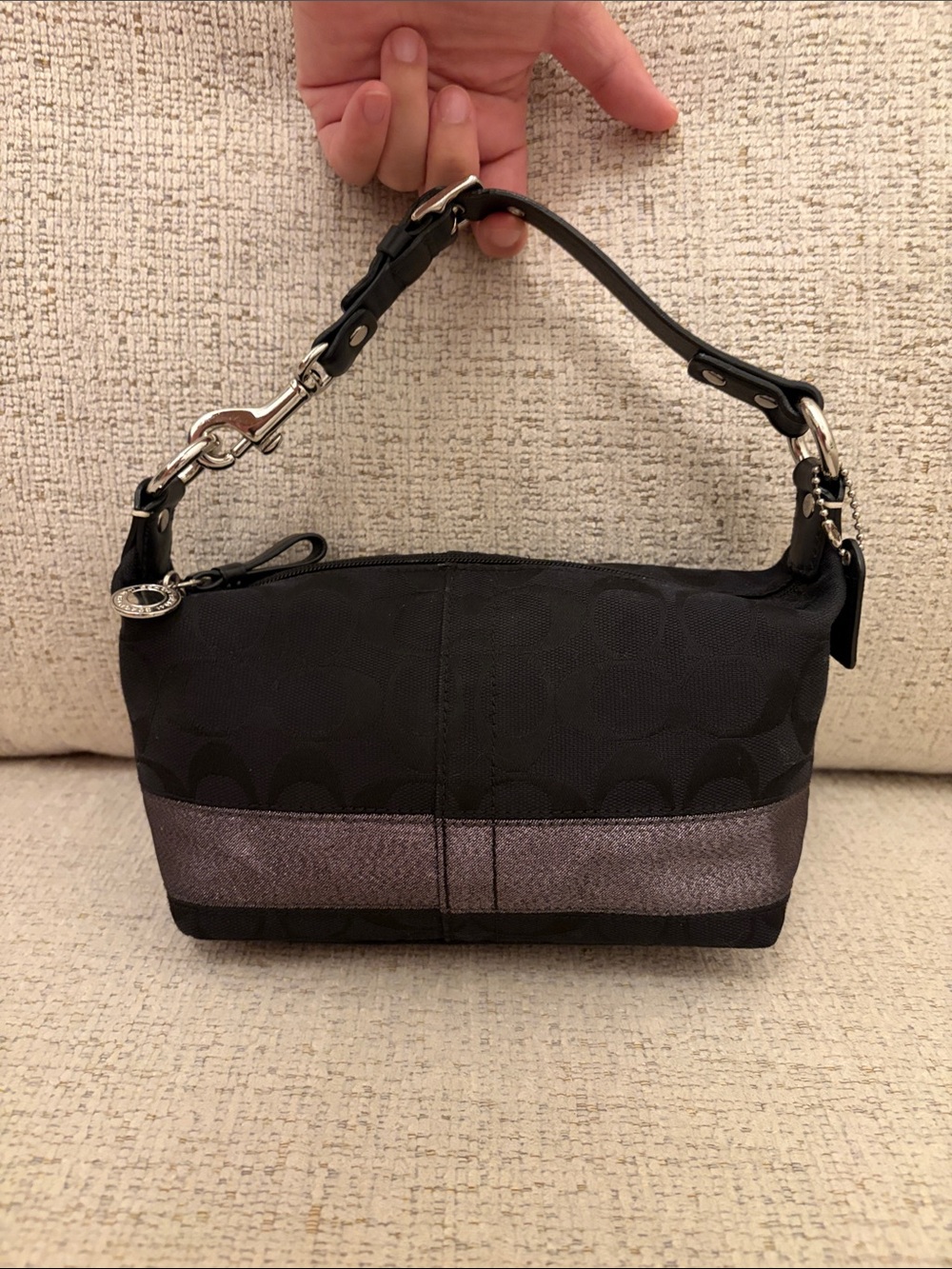 Coach Black Signature Canvas Hobo Mini Bag with Metallic Silver Stripe
